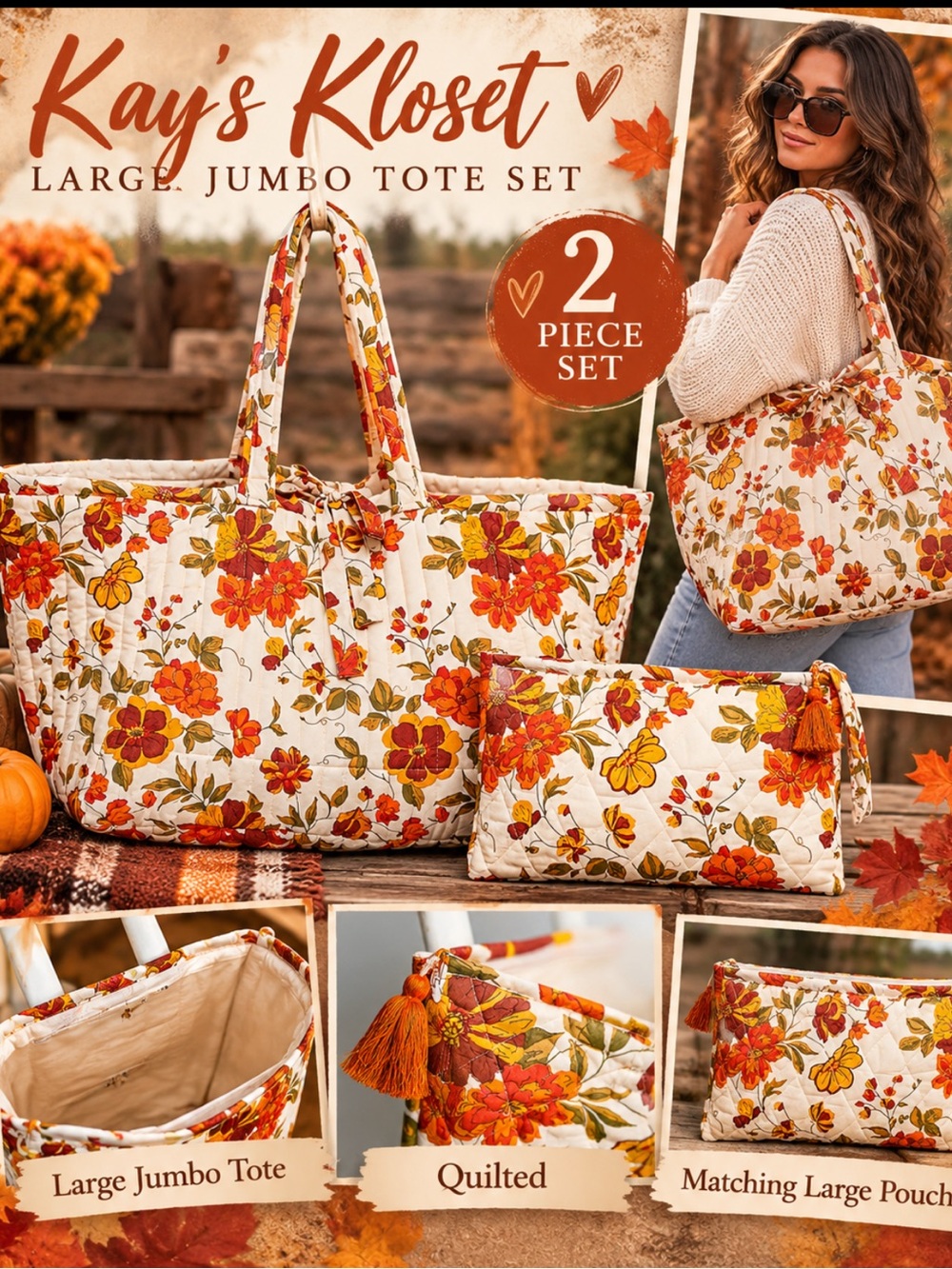 PB1–POL Cream Quilted Tote Set with Orange & Red Floral Print